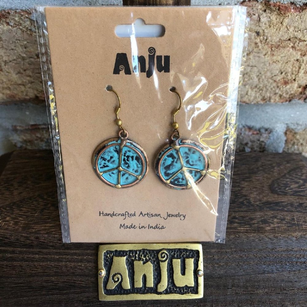 ANJU JEWELRY Brass & Copper Blue & Green Peace Sign Patina Earrings, EP244, New